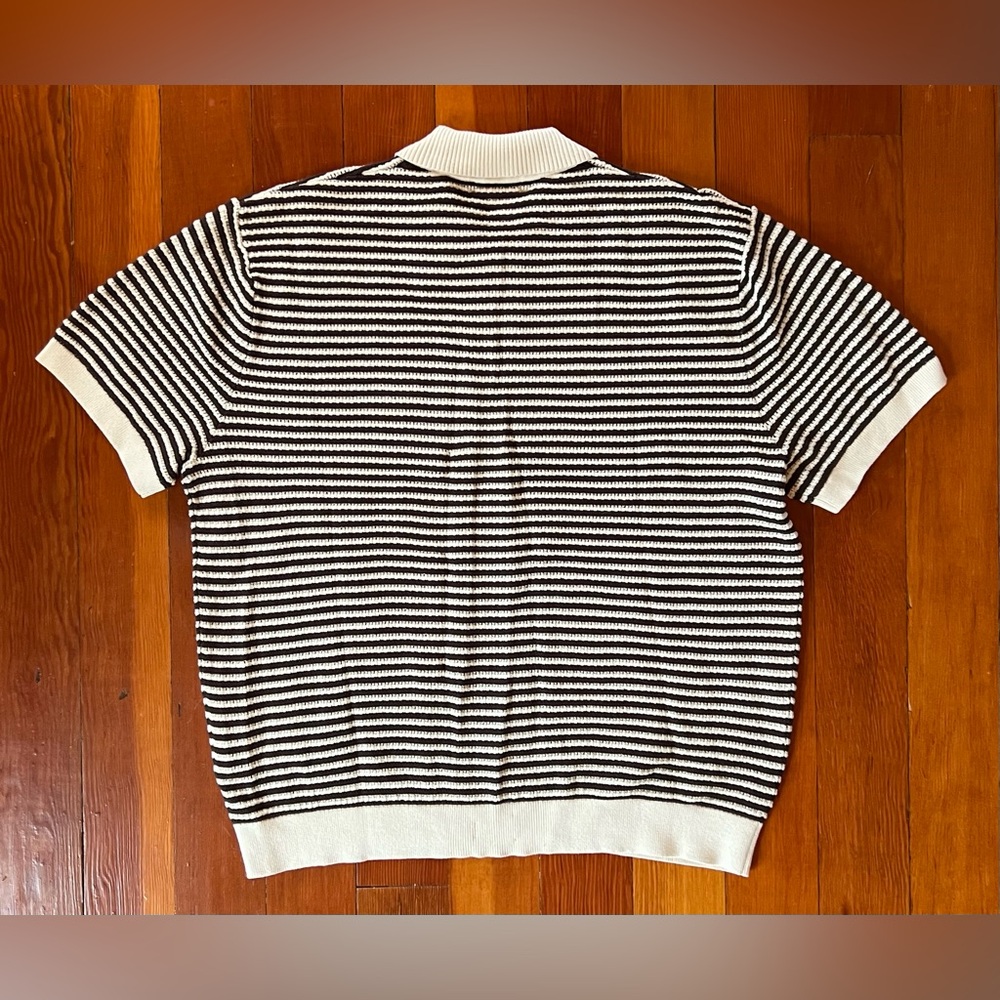 NWOT Madewell Striped Black and Ivory Pointelle-Stripe Sweater Polo - Medium